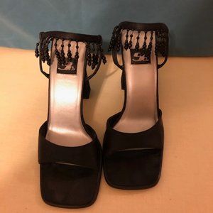 Black Fringe Beaded High Heel Sandals